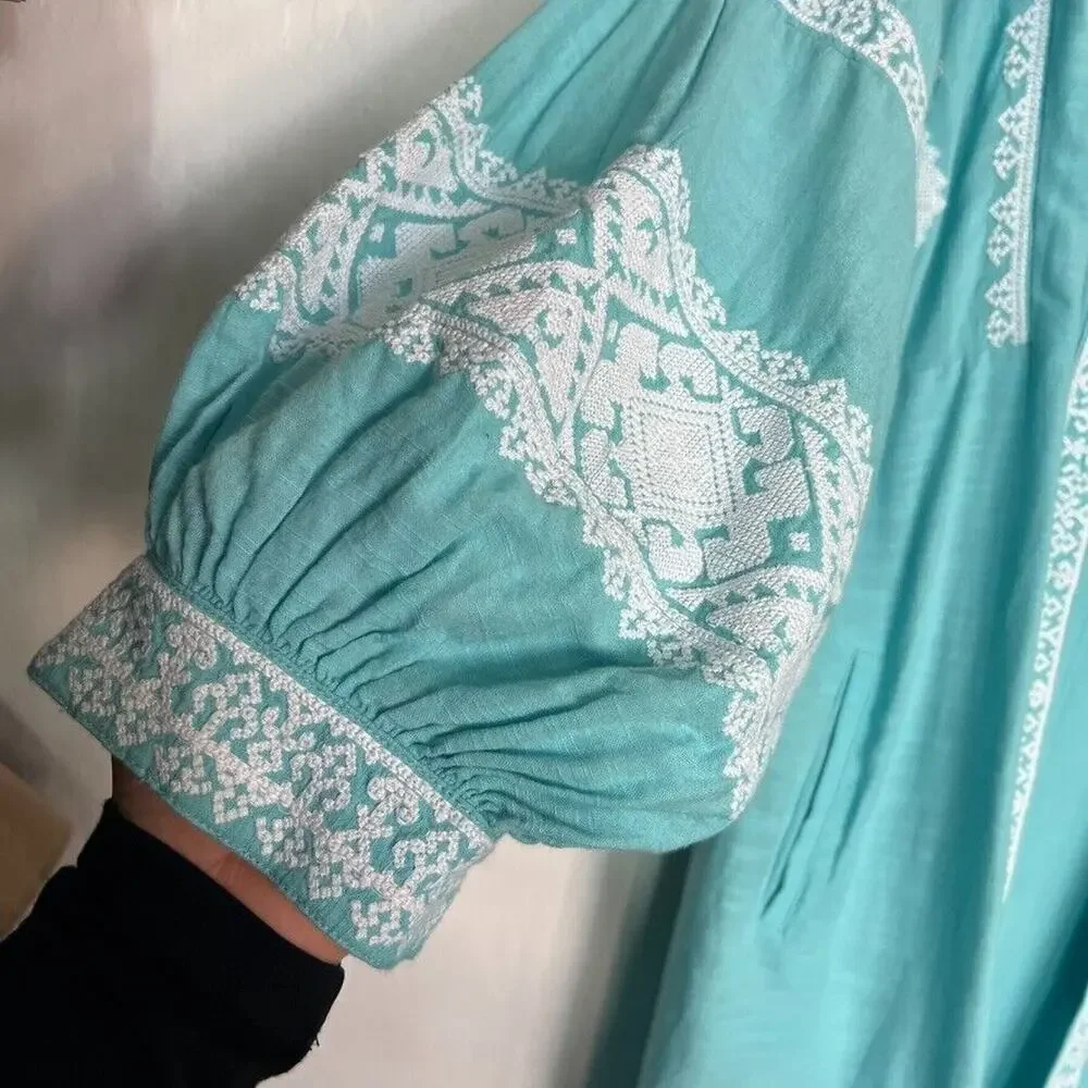 Gap Robe Jacket Womens S/M Embroidered Balloon Sleeve Ice Water Blue